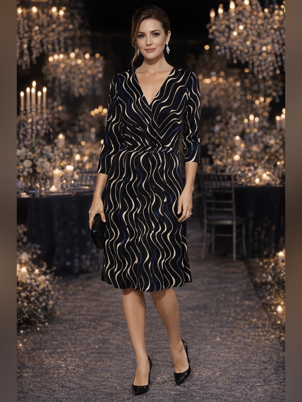 Talbots Black & Ivory Wave-Print Wrap Dress with Blue Accents size
